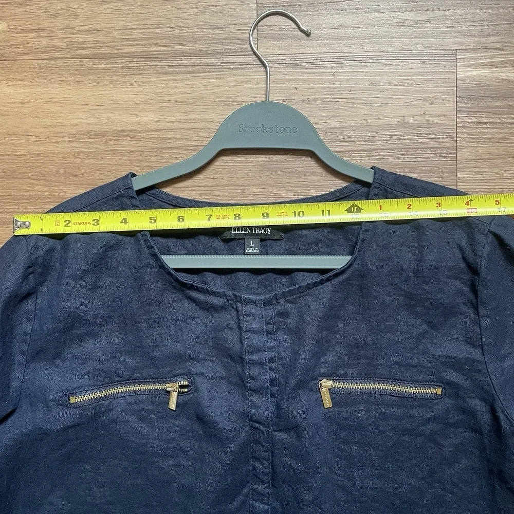 Ellen Tracy Linen Roll Tab Sleeve Navy Blue Women's Tunic Blouse Size L Coastal - Picture 4 of 10